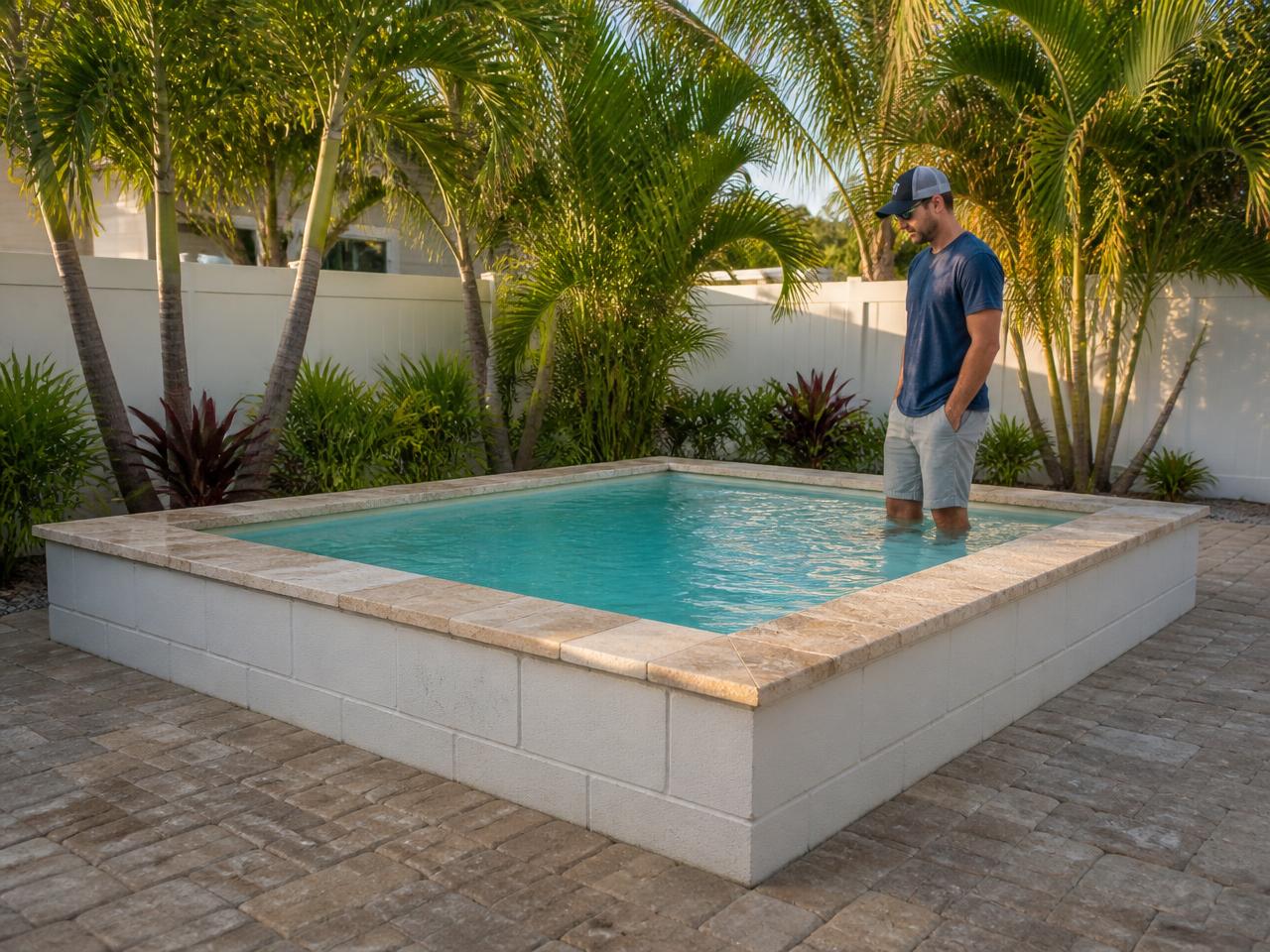 Square 24-inch above-ground cocktail pool with travertine coping, water at knee height beside a standing adult